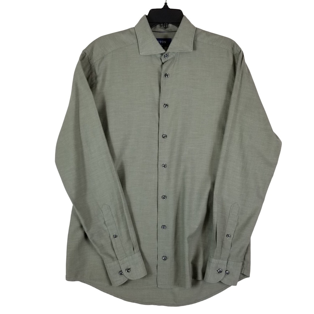 Eton Button Down Shirt Mens 16.5 L Sage Green Cotton Silk Slim Fit Long Sleeve